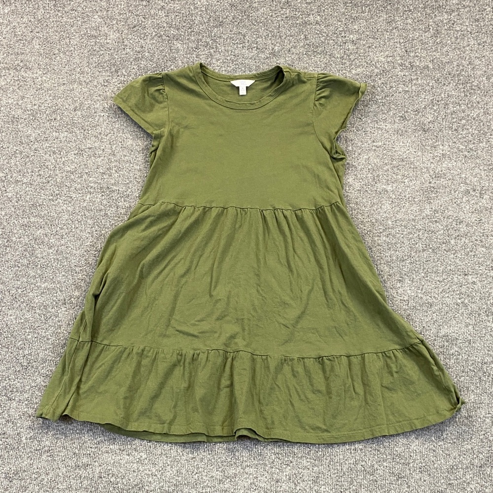 Girls Olive Green Tiered Ruffle Dress M 8-10 Short Sleeve Casual Play Dress